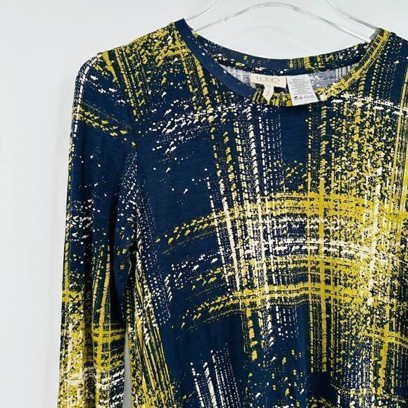 LOGO Lori Goldstein Size XS Navy Blue & Yellow Long Sleeve Lace Trim Tunic Top - Picture 4 of 9